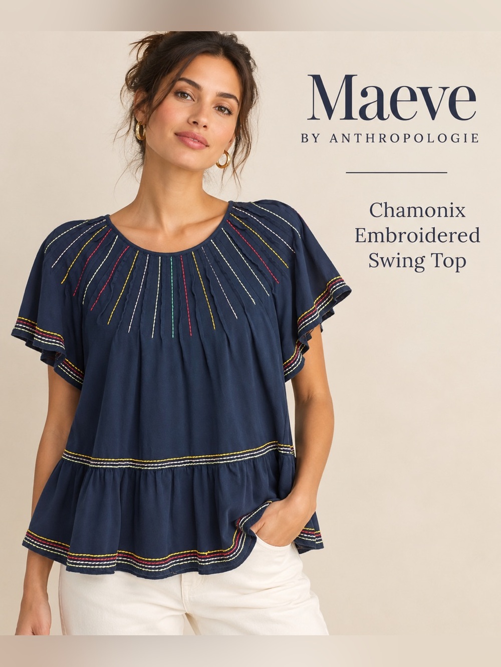 Maeve Chamonix Embroidered Swing Top Navy Rainbow XS Anthropologie